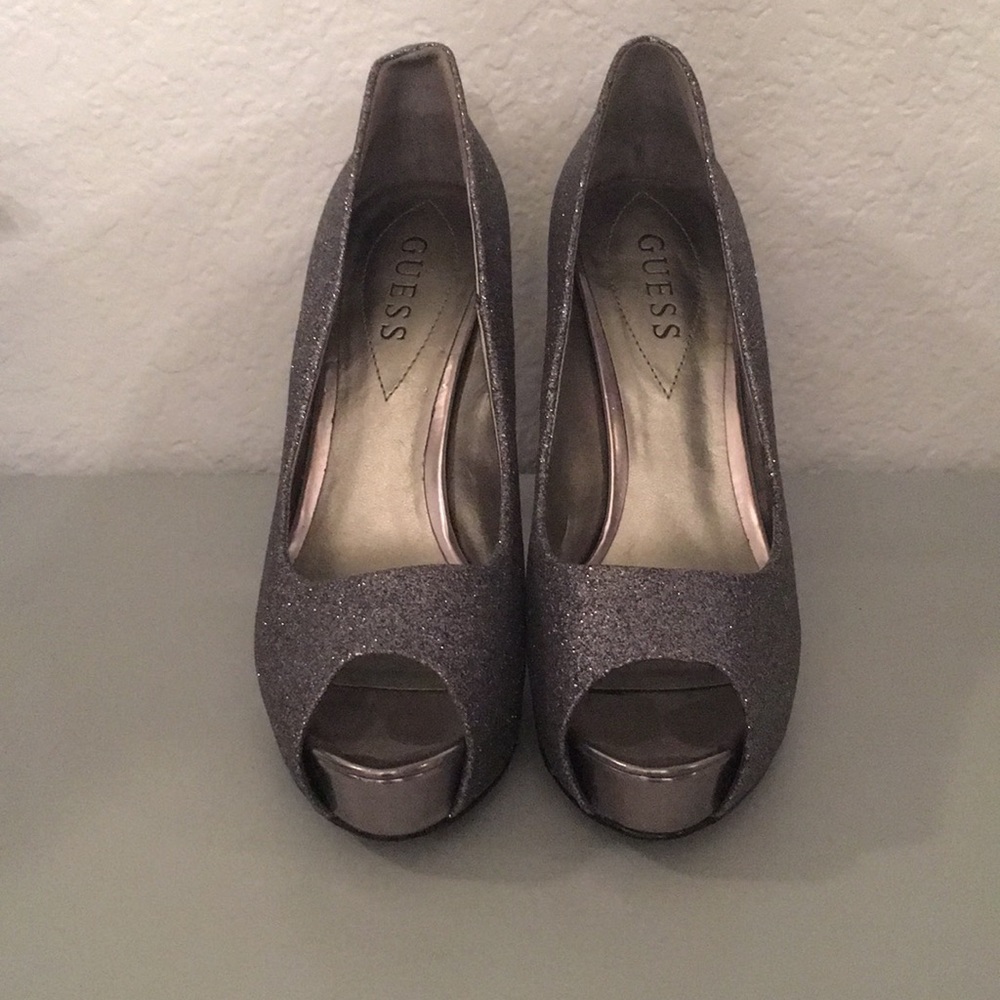 Guess Silver Glitter Peep Toe Heels